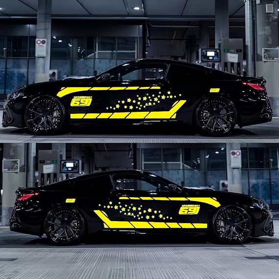 3PCS Car Stickers, Star Stripe Sport Racing Car Front Hood & Body Door Decoration Sticker Set, Universal for Cars/Trucks/SUVs(Yellow)