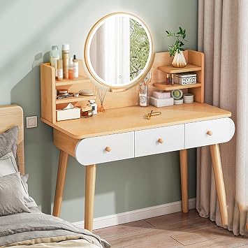 Makeup Vanity Desk, Lighted Mirror for Vanity Table, Vanity Table with Drawers, Adjustable Brightness, Makeup Table with 3 Drawers, for Bedroom Vanity Desk with Storage LED Vanity Desk