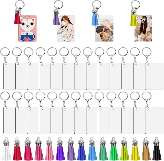 120Pcs Sublimation Keychain Blanks MDF Keychain Blanks Bulk Double Sides Keychains with Tassels Jump Rings DIY Gift