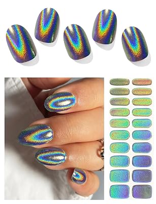Semi Cured Gel Nail Strips Laser Rainbow, Holographic, Chrome, Gel Nail Wraps, Stickers, UV Light Required, Salon Quality, Easy to Use