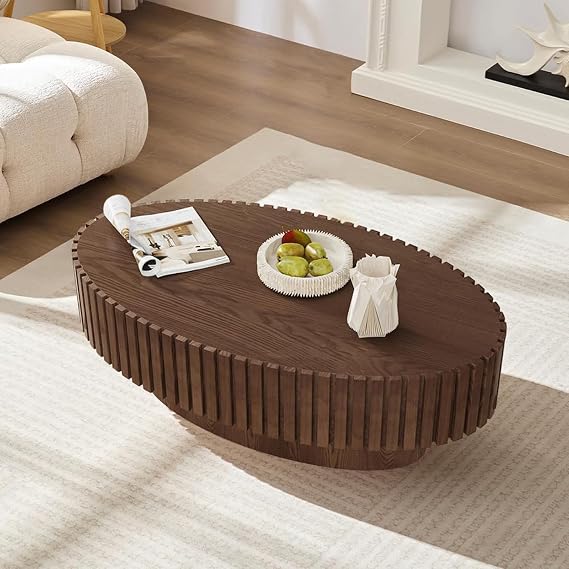 Chic Oval Fluted Coffee Table - Handcraft Relief Veneer (E Brown 43.3in)