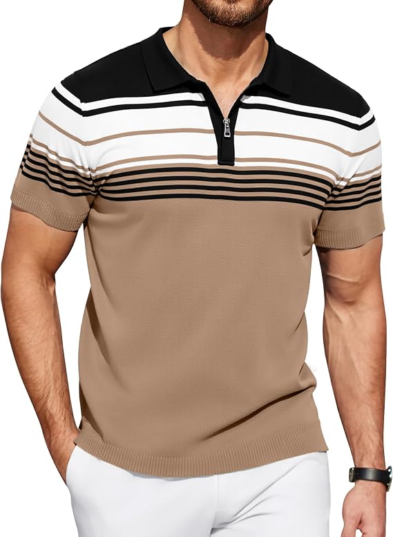 KUYIGO Men's Knit Polo Shirts Short Sleeve Striped Golf Polo Shirts Lightweight Casual Collared T Shirt