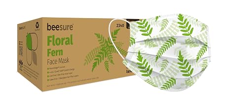 Beesure BE2340 Series BE2300 Floral Design Face Mask, Round Edge, Latex Free, Fern Green (1 Box of 50)