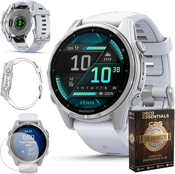 Garmin Fenix 8 43mm AMOLED Multisport GPS Smartwatch, Silver with Whitestone Silicone Band, 010-02903-00 - Bundle w/Deco Essentials 26-Month CPS Plan