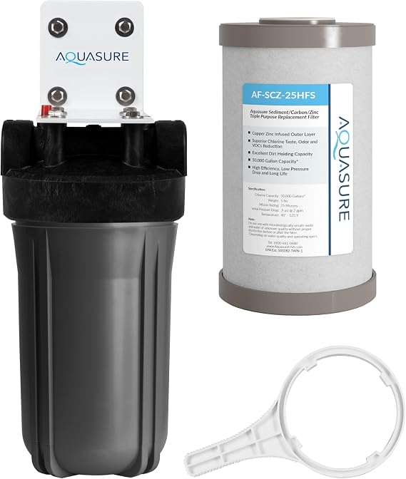 Aquasure Fortitude V2 Series Triple Purpose Sediment/Carbon/Zinc Bacteria Inhibiting Water Treatment Pre-Filter with Housing System, Standard Size | Removes 99% of Contaminants (AS-FS-25SCZ)