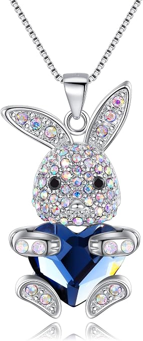 EleQueen Women's Silver-tone Bunny Heart Pendant Necklace Adorned with Austrian Crystals