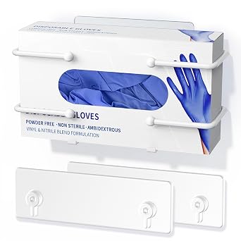 Glove Box Holder, Adhesive Wall-Mounted Metal Dispenser, Tool-Free Organizer for Rubber Latex Gloves, Facial Tissue and Storage, White