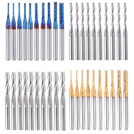 40Pcs End Mills CNC Router Bits Set 1/8" Shank, Mcwdoit CNC Machine Cutting Milling Tool Engraving Cutter Including Flat Nose/ Ball Nose End Mill, Nano Blue Coat/ Titanium Coat 2 Flute CNC Router Bits