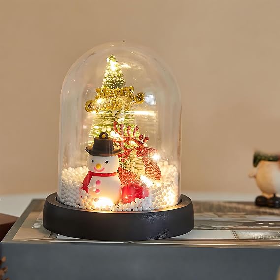 LED Christmas Tree Cloche Glass Dome 5 Inch Snowman Display Decorative Bell Jar with Base Lighte up Decoration for Flower Tabletop Centerpiece Home Christmas Party Decor