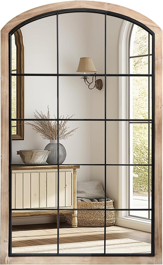 Arch Window Mirror, 30X48 Farmhouse Arch Wall Mirror, Wood Framed Rustic Mirror Metal Inner Frame Decorative for Entryway & Living Room,Natural