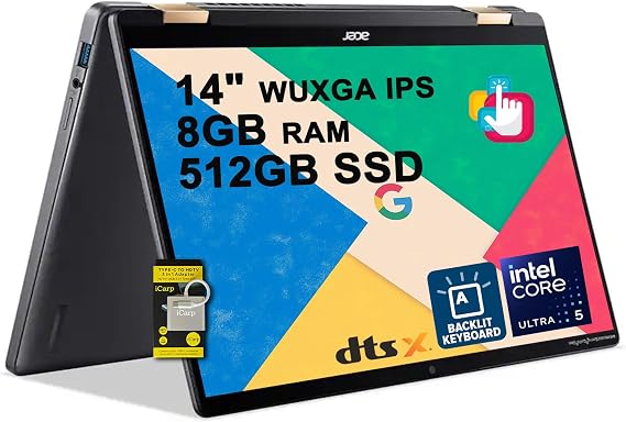 Acer Chromebook Plus Spin 714 2-in-1 Laptop 14" WUXGA IPS Touchscreen (100% sRGB) Intel 8-core Ultra 5 115U 8GB RAM 512GB SSD Backlit Type-c Long-Lasting Battery ICP Hub w/Google AI