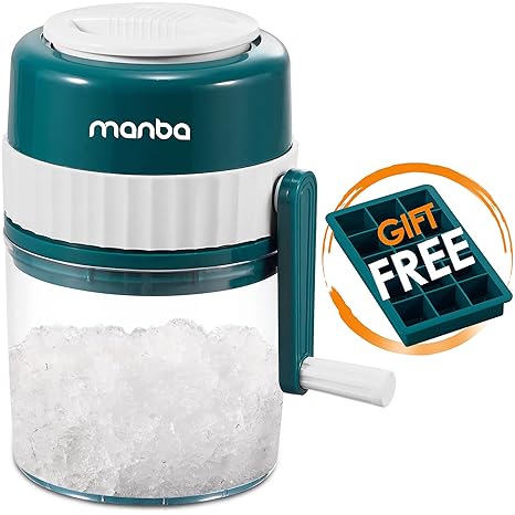 MANBA Manual Snow Cone Machine Maker for Shaved Ice, Snowcones, Slushes | Hand Crank, 3Blades for Fast Shaving, Easy for Kids, Portable for Party, Camping, with Ice Cube Tray, Spare Blades Available