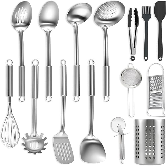 BEWOS 15-Piece Kitchen Utensil Set - Stainless Steel Cooking Spoon Set, Kitchen Utensils with Spatulas and Storage Box, Non-Toxic, Dishwasher Safe and Heat Resistant