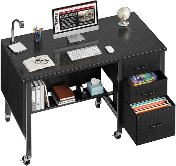 Rolling Teacher Desk with File Drawer & Privacy Panel, 47" Mobile Computer Desk with 3 Storage Drawers on Wheels, Modern Office Desks with File Cabinet for Classroom & Home Office, Black