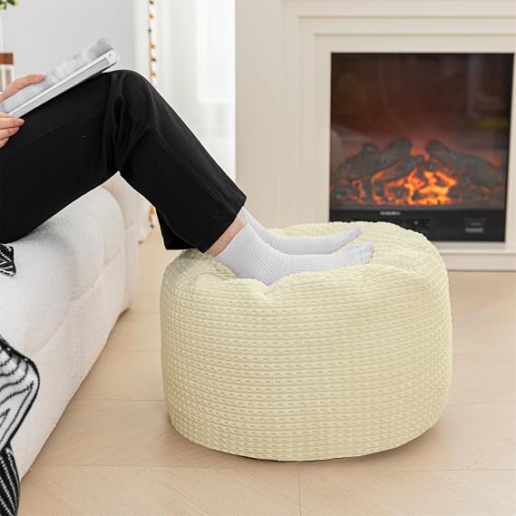 Pouf Ottoman Stuffed 20x20x12 Inches Floor Pouf Plush Fiber Ottoman Foot Rest Under Desk Foot Stool for Living Room, Bedroom Cream