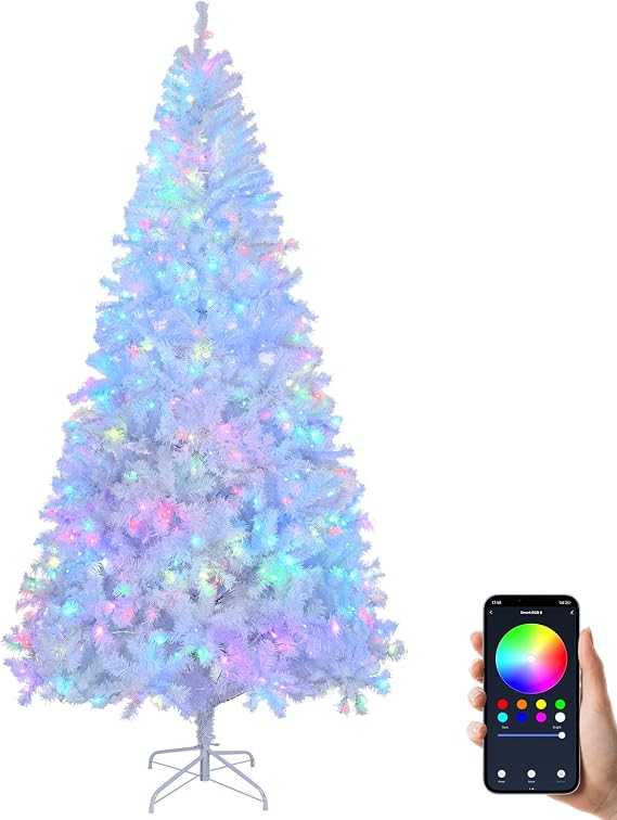 Karl home 8FT Prelit White Artificial Christmas Tree with 500 RGB Lights, Remove Contral 8 Light Modes, 1500 PVC Branch Full Christmas Tree for Home, Office, Party Holiday, Foldable Base