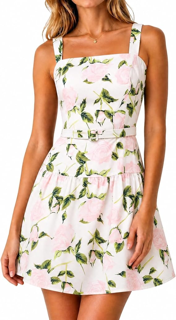 RIHOAS Womens Floral Boho Summer Dress Spaghetti Tie Strap A-Line Mini Smocked Sundress