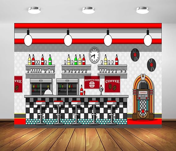 BELECO 7x5ft Fabric Retro 50's Diner Backdrop for Photography Soda Shop Coffee Cafe Bar Jukebox Rock Roll Sock Hop Party Background Classic 1950s Party Decorations Birthday Shoot Studio Photo Props