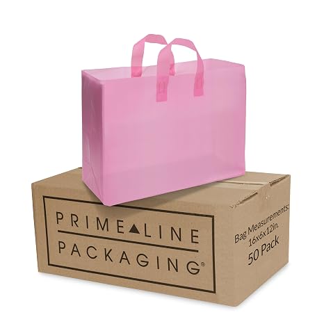 Prime Line Packaging Plastic Gift Bags, Frosted Gift Bags Large with Handles for Small Business, Shopping, Grocery, Boutiques, Retail Store Supplies, Bulk, 16x6x12, 50 Pack