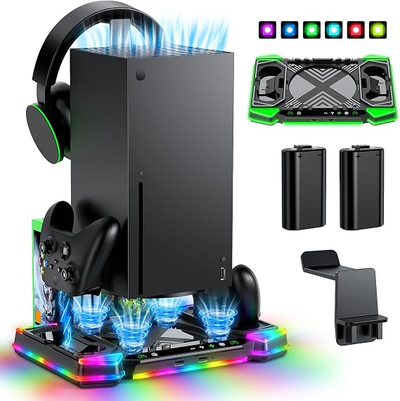 Upgraded Charger-Stand Cooling-Fan for Xbox Series X, 2x1400mAh Batteries