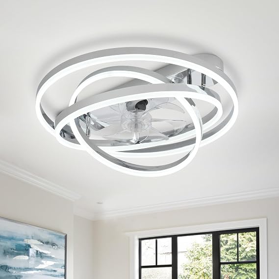24" Modern Ceiling Fans with Lights and Remote Control,Reversible DC Motor,Dimmable,DIY Rings LED,Flush Mount Low Profile Ceiling Fan with Light for Living Room/Dining Room/Bedroom