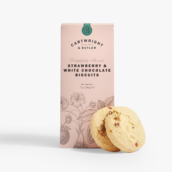 Cartwright & Butler Biscuits - 200g Strawberry and White Chocolate Biscuits with a Crisp Crumbly Crumb, Dried Strawberries and Fine White Chocolate, A Luxury Biscuit Gift in Signature Carton