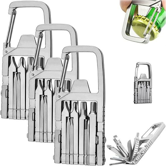 Mini Tool Self Defense, 12 In 1 Foldable Mini Multi Tool, with Bottle Opener Phone Holder Screwdriver Carabiner Lightweight and Compact (3Pcs)