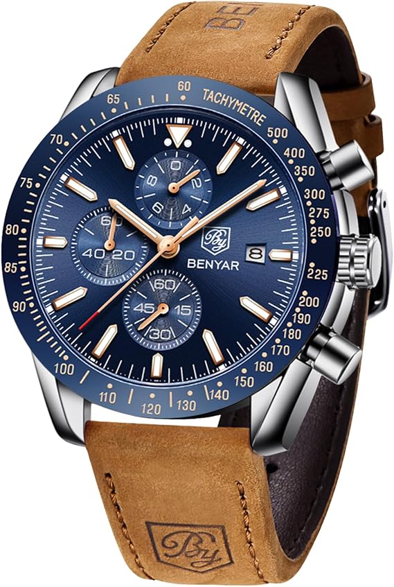 BY BENYAR Men's Chronograph Watch, Analog, Water Resistant to 98.4 ft 30 m, Business, Simple, Stylish, Popular, Formal, Leather Strap Quartz, Men's Watch, Gift for Men