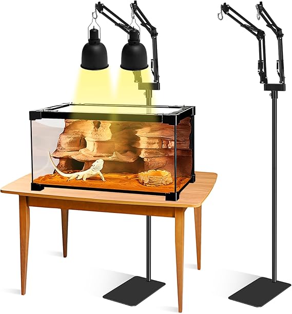 Dual Arm Reptile Lamp Stand, Adjustable Height 15.7-74.3 in, Holds 2 Dome Lampshades or Heat Fixtures, for Bearded Dragon, Turtle, Snake, Lizard,Chicken Tank Glass Terrarium
