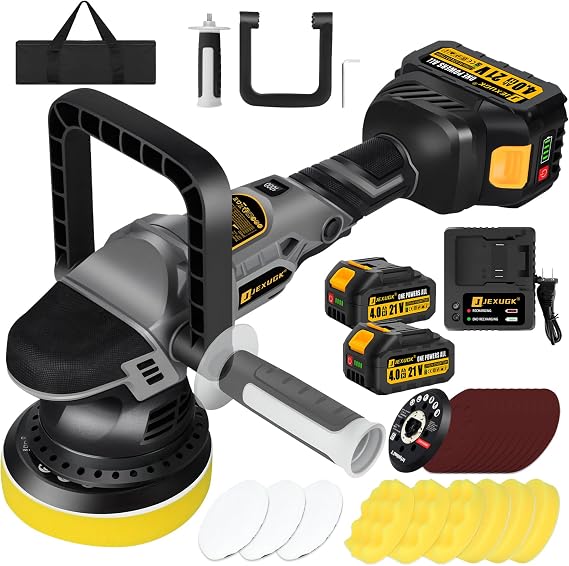 JEXUGK 5" Cordless Car Buffer Polisher, 21V Professional Brushless Polisher w/ 2 x 4.0Ah Battery, Orbital Pulidora De Autos Inalambrica w/ 6 Speed, Car Buffer Waxer Kit for Sanding, Scratch Removing