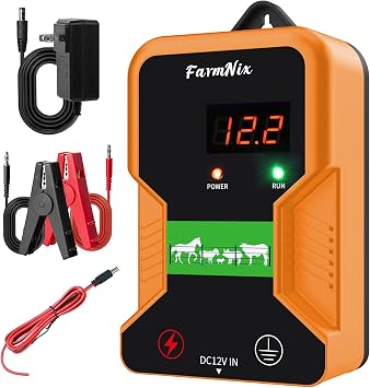 12 KV Electric Fence Charger with LED Display, 2 Joule Pulse Energy, 10 Miles, Waterproof, Portable for Livestock & Predator Protection, Gardens, Dogs, Pets, Poultry