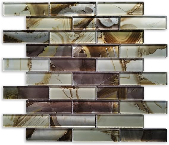 Varied Gold Purple Gemstone Glass Mosaic Tiles for Shower Tile, Interlocking Wall Tiles for Kitchen Backsplash, Bathroom Backsplash, Fireplace (Pack of 5 Sheets)