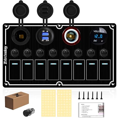 8 Gang Marine Switch Panel Waterproof,Boat Rocker Switch Panel with Dual USB Charger & Voltmeter,Aluminum Toggle Switch Panel for Marine Automotive Truck RV Trailer Trucks,12/24V Black