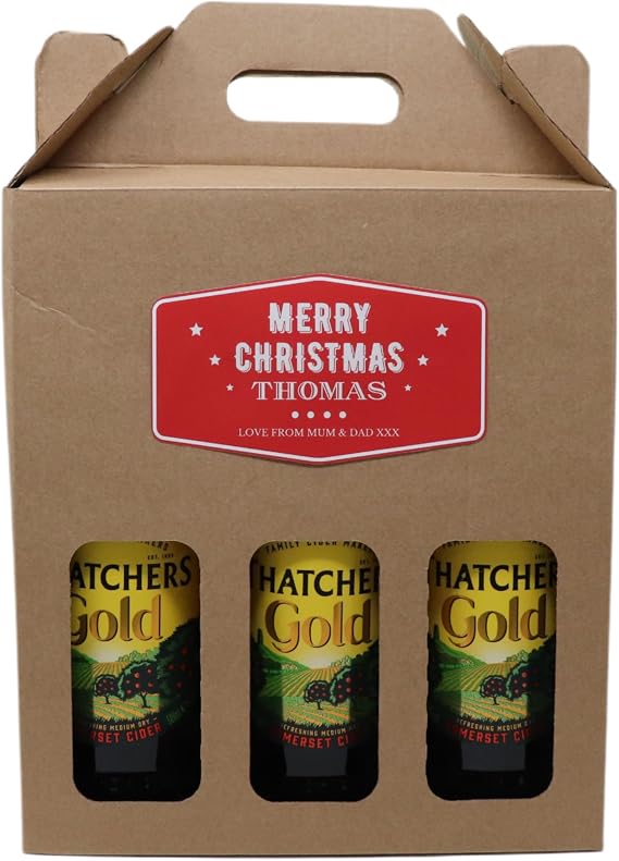 Personalised Kraft Cider Box Carrier & 3 Bottles of Cider Gift Set For Men, Dad, Son & Grandad (Thatchers Gold, Red Christmas Label)