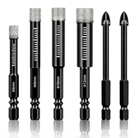 Diamond Drill Bit Set, Tile Drill Bits, 6/8/10/12mm Hex Shank, Suitable for Granite, Ceramic, Marble, Stone, and Glass (Black, 6 PCS)