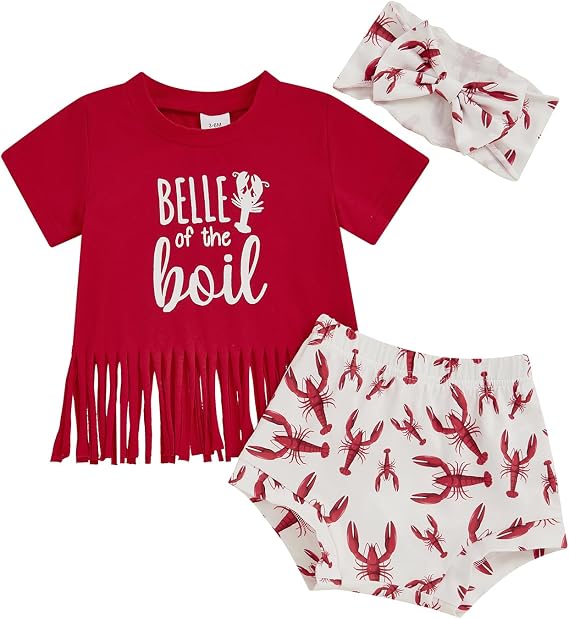 KMBANGI Baby Girl Crawfish Outfits Toddler Crawfish Boil Tassels T Shirt Lobster Bloomer Shorts Baby Smocked Summer Clothes (Red, 6-12 Months)