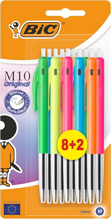 BIC M10 Clic Ball Pens - Assorted Colours (Pack of 10)