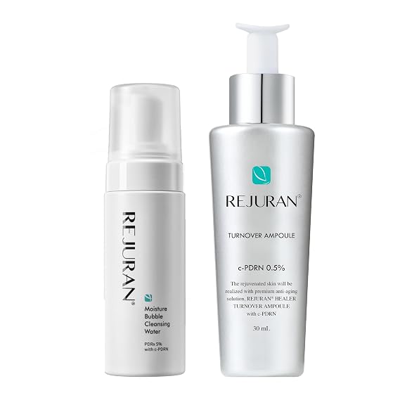 REJURAN c-PDRN Korean Skin Care Bundle Turnover Ampoule Face Serum & Moisture Bubble Cleansing Water for Firming, Hydrating, Radiant Skin and Gentle Makeup Removal