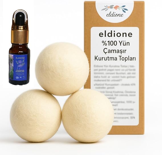 eldione 3 adet Yün Kurutma Topu ve Lavanta Uçucu Yağı 10 ml,%100 Merinos Yünü, Kolay Ütü, Çamaşır Kırışıklık Önleyici, Yumuşatıcı, Tüy Toplayıcı Tasarruflu Antistatik Wool Dryer Ball