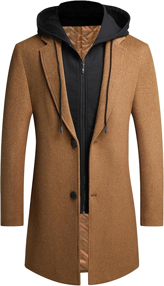 Men's Bussiness Overcoat with Removable Hood Winter Wool Blend Jacket Detachable Hooded Trench (Khaki,X-Large)