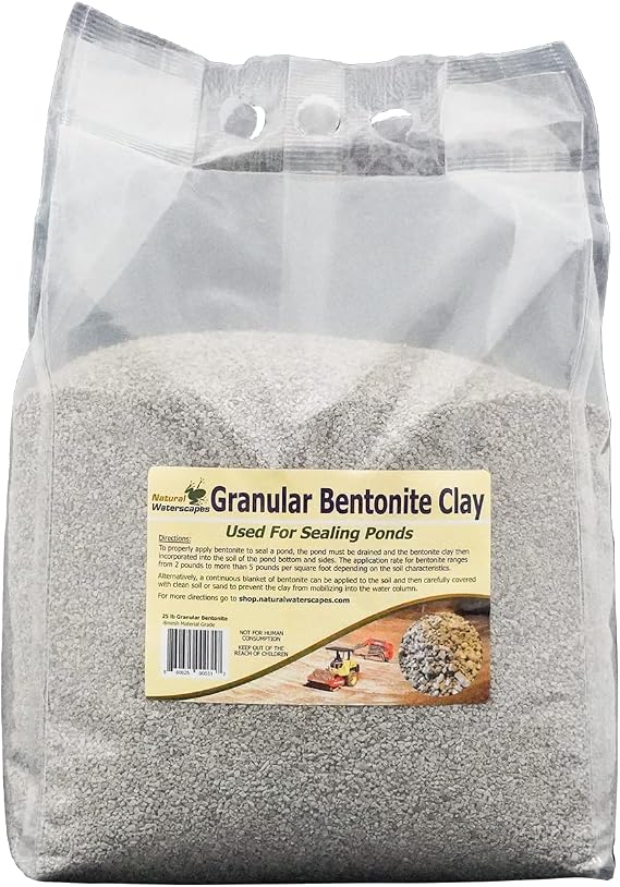 Granular Sodium Bentonite Clay for Pond Sealing - Natural Soil Clay Pond Liner 25 Pounds - Blend of Chips and Powder - Use for Pond Leak Repair & Dam Sealer