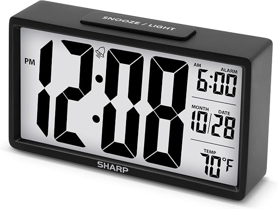 Sharp Battery Alarm Clock with Jumbo Display, Temperature and Nightlight