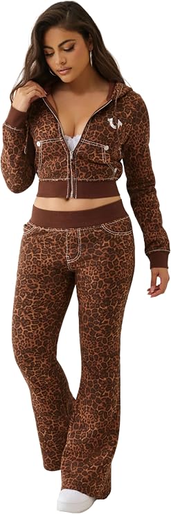 True Religion Women's Big T Crystal Leopard Shrunken Zip Hoodie