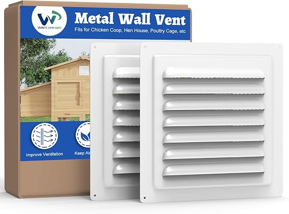 Chicken Coop Metal Wall Vent, 2 Pack 10" x 10" Metal Shed Vent with Built-in Screen for Anti-Debris, Louver Vent Grille for Chicken Coop, Hen House, Poultry Cage, Rabbit Hutch, White