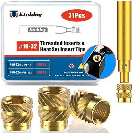 71Pcs Threaded Inserts, Female Thread SAE Knurled Nuts Assortment Kit, Brass Heat Set Insert for Plastic and 3D Printing Components(#10-32×L1/4×D7.1, #10-32×L 5/16×D7.1)