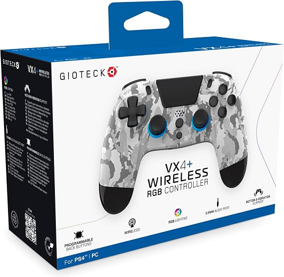 Gioteck VX4+ Wireless Controller for PlayStation 4 (PS4) - Light Camo - Customisable RGB Lighting and Programmable Back Buttons - Bluetooth Compatible