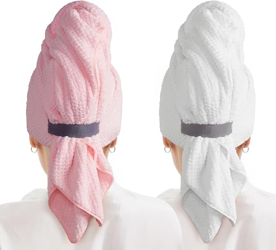 MABAO 2 Pack Microfiber Hair Towel Wrap for Women, Quick Dry Hair Turban Towel with Elastic Band, Microfiber Plopping Towel for Curly Hair, Stocking Stuffers for Women(Pink, White)