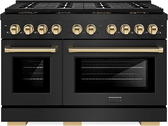 ZLINE Autograph Edition 48 in. 6.7 cu. ft. Paramount Dual Fuel Range with 8 Burner DuoProTM Cooktop and Dual Ovens in Black Stainless Steel and Polished Gold Accents (PSDRBZ-48-G)