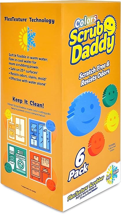 Scrub Daddy Sponge Set - Colors - Scratch-Free Scrubbers for Dishes and Home, Odor Resistant, Soft in Warm Water, Firm in Cold, Deep Cleaning, Dishwasher Safe, Multi-use, Functional (6 Count)