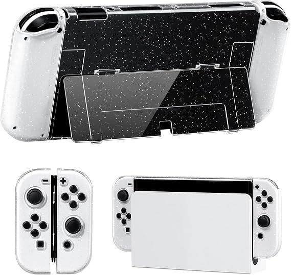 JINGDU Protective Case Compatible with Nintendo Switch OLED 2021, Transparent Glitter Switch OLED Hard Case, Joycon Split Design, Anti-Fall and Shock Absorption, with 4 Thumb Grip (Crystal Glitter)